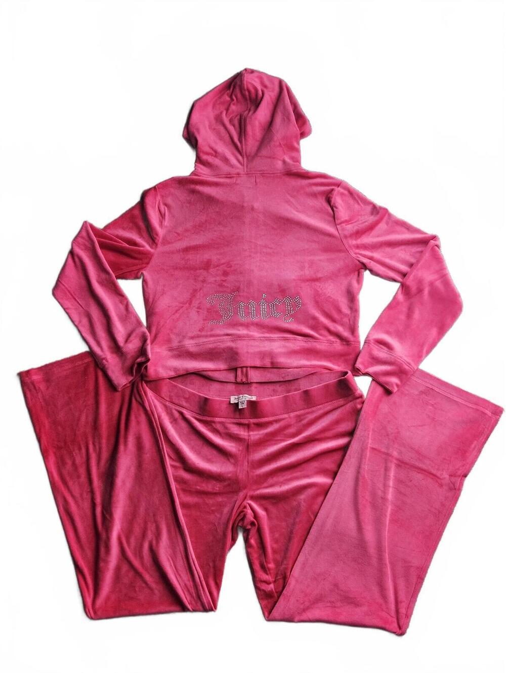 Juicy Couture Pink Velour Tracksuit Rhinestone Y2K Zip Hoodie Set L NWT E/18 - Picture 2 of 6